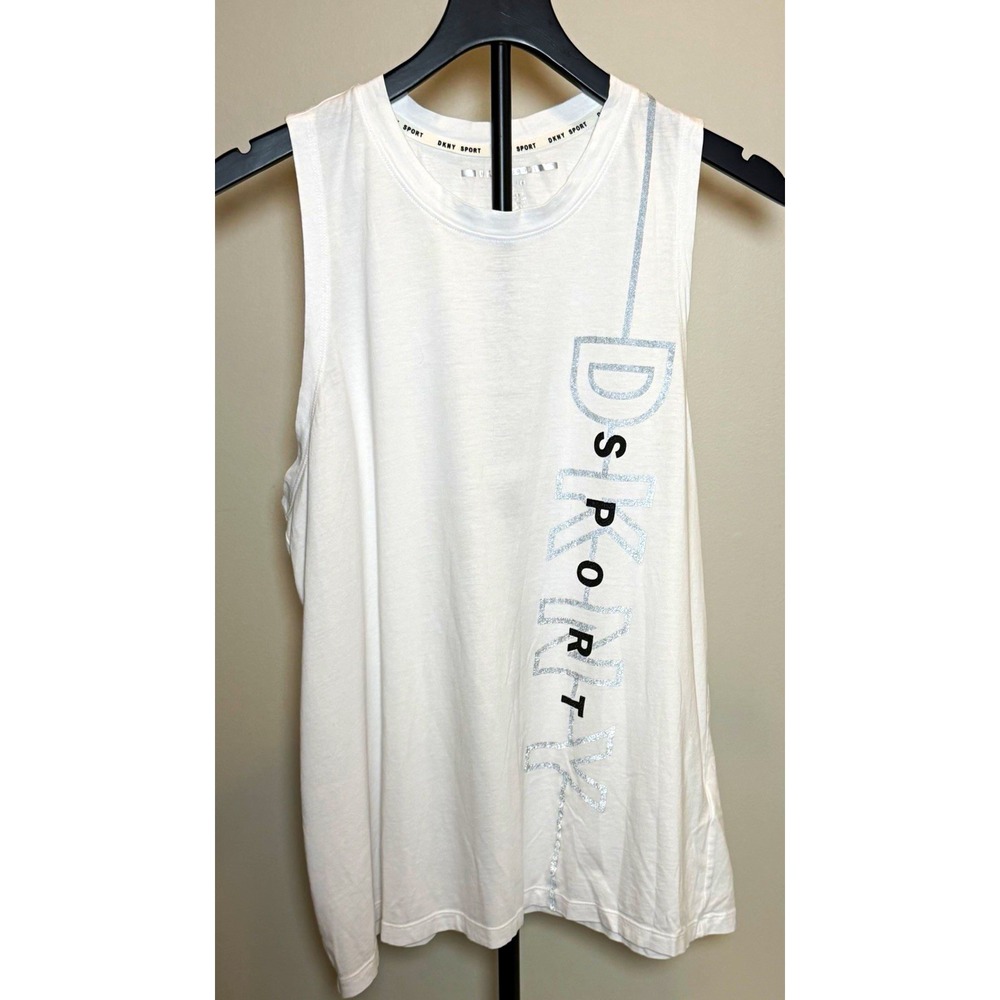 DKNY Sport Women's XL White Logo Crew Neck Sleeveless Knit Cotton Modal Tank